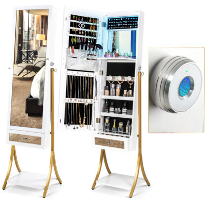 Tektalk Jewelry Armoire with Fingerprint Lock, Jewelry Cabinet with 3-color LED Lamp