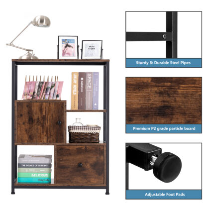 Yesday Storage Cabinet Multipurpose Cabinet Industrial Bookcase with Open Shelf and Drawer for Kitchen, Living Room, Bedroom - Rustic Brown