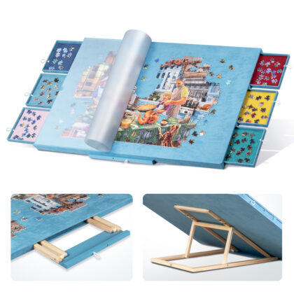 Yesday 1500 Pieces Flannelette Covered Jigsaw Puzzle Table with Integrated Adjustable Stand & Cover, 3-Tilting-Angle Wooden Plateau Portable Jigsaw Board with 6 Sorting Drawers - Gray