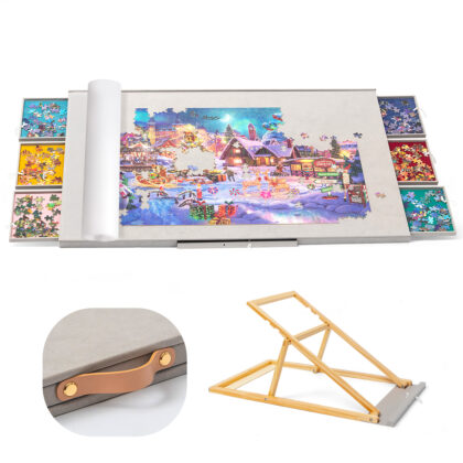 Yesday 1500 Pieces Flannelette Covered Jigsaw Puzzle Table with Integrated Adjustable Stand & Cover, 3-Tilting-Angle Wooden Plateau Portable Jigsaw Board with 6 Sorting Drawers - Gray