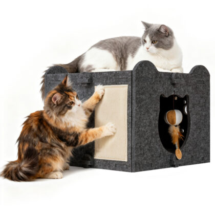 Yesday Detachable Felt Cat Bed Condo Shelter House for Indoor Use, Durable and Warm Flannel, Cozy Shelter with Built-in Scratching Board and Bonus Cat Toys-Black