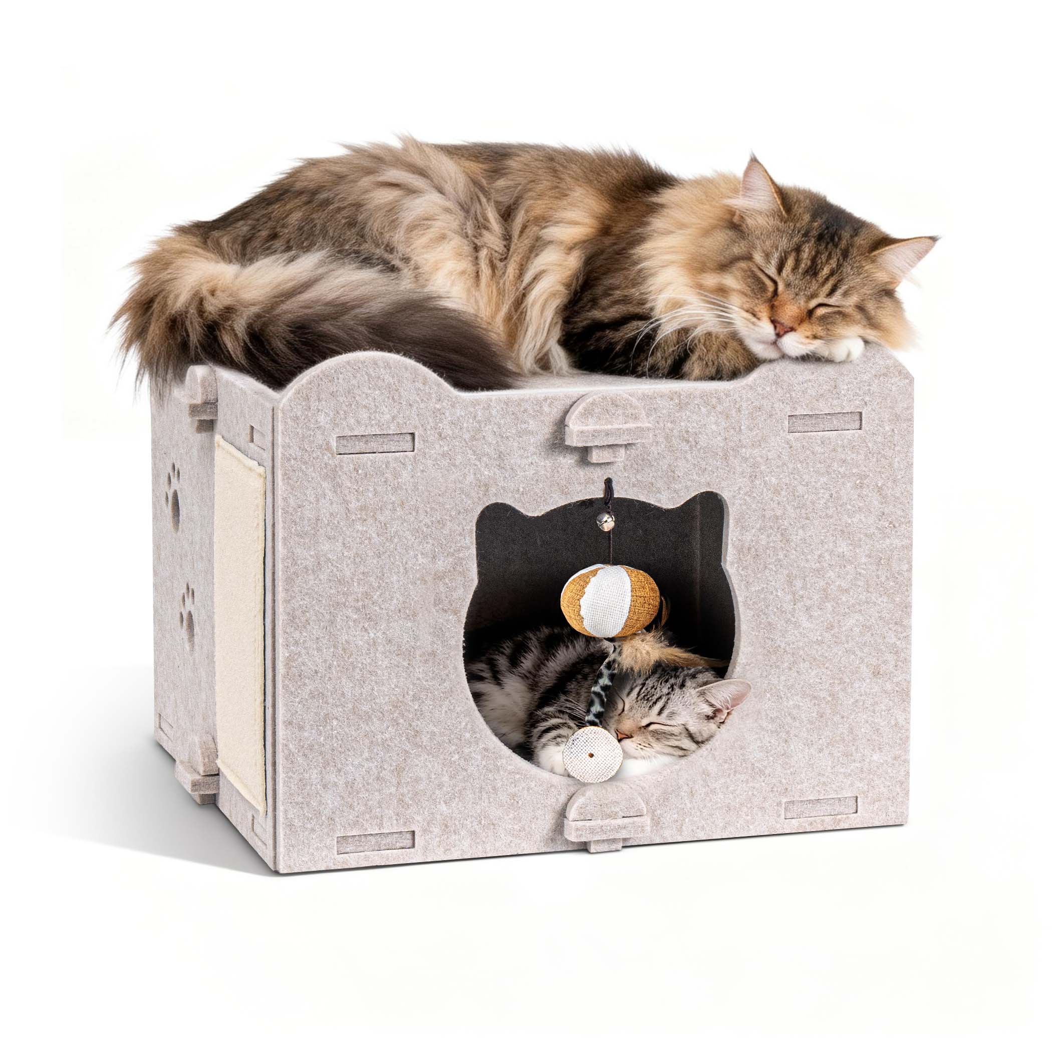 Yesday Detachable Felt Cat Bed Condo Shelter House for Indoor Use, Durable and Warm Flannel, Cozy Shelter with Built-in Scratching Board and Bonus Cat Toys-Camel
