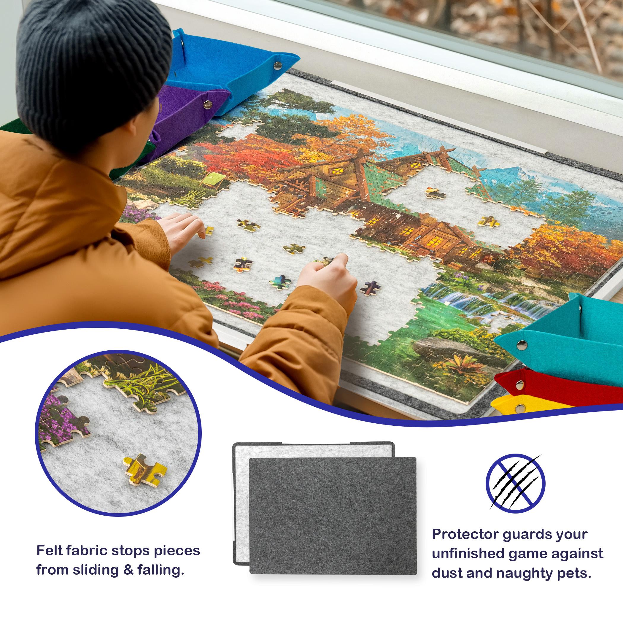 Yesday Foldable Jigsaw Puzzle Mat for 1000 pieces puzzles, Board with Non-Slip Surface & 6 Sorting Trays, Dustproof Cover - Image 2