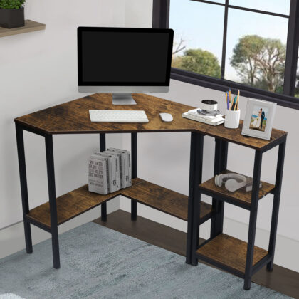 Yesday Corner Desk, Triangle Computer Table with Storage Shelves, Laptop PC Table Writing Study Table Workstation for Home & Office - Rustic Brown