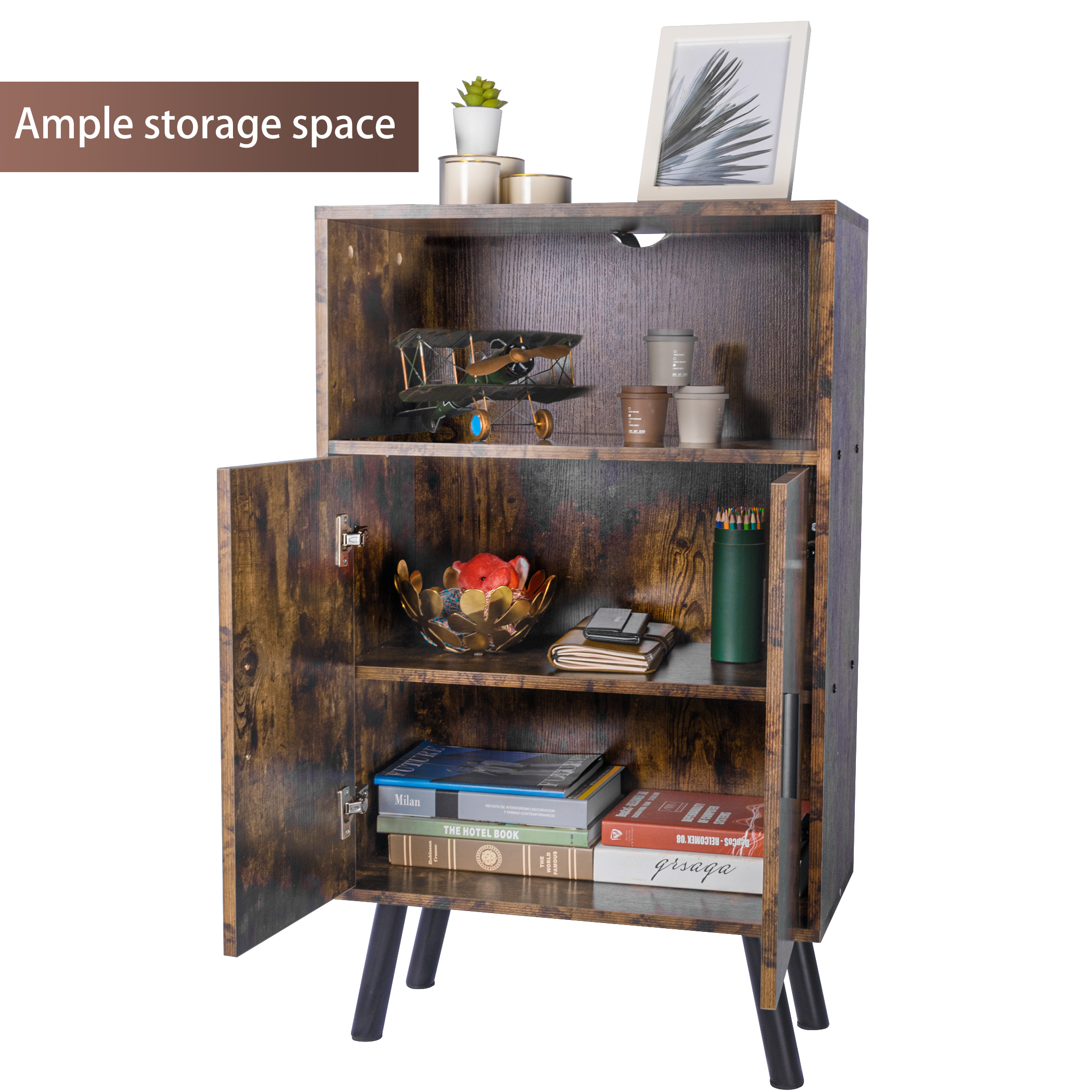 Mid-Century Bookcase, Retro Wood Bookshelf with Doors, Multipurpose Storage Cabinet, Sideboard Cupboard with 2 Closed Compartments for Kitchen, Living Room, Bedroom, Bathroom - Rustic Brown - Image 2