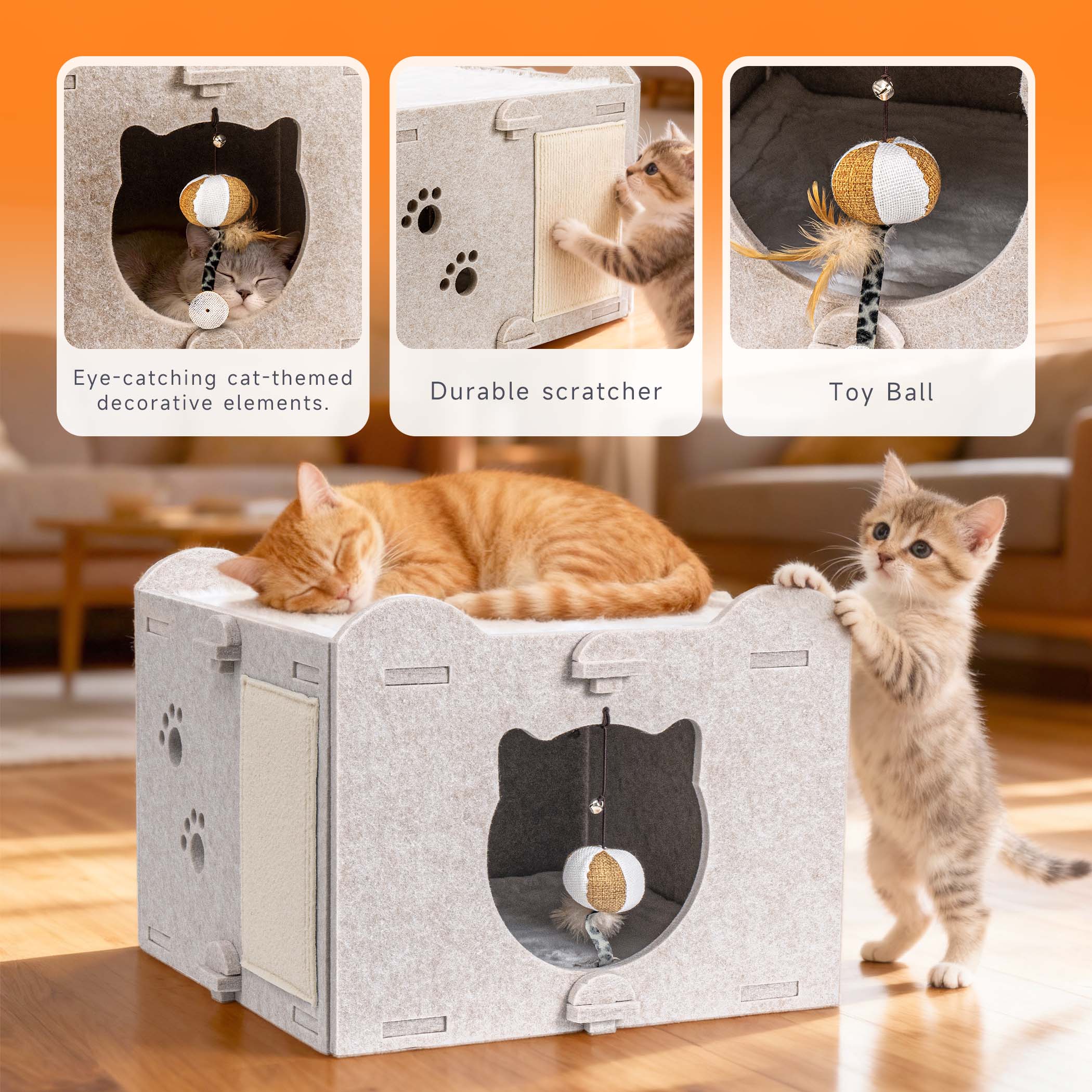 Yesday Detachable Felt Cat Bed Condo Shelter House for Indoor Use, Durable and Warm Flannel, Cozy Shelter with Built-in Scratching Board and Bonus Cat Toys-Camel - Image 4