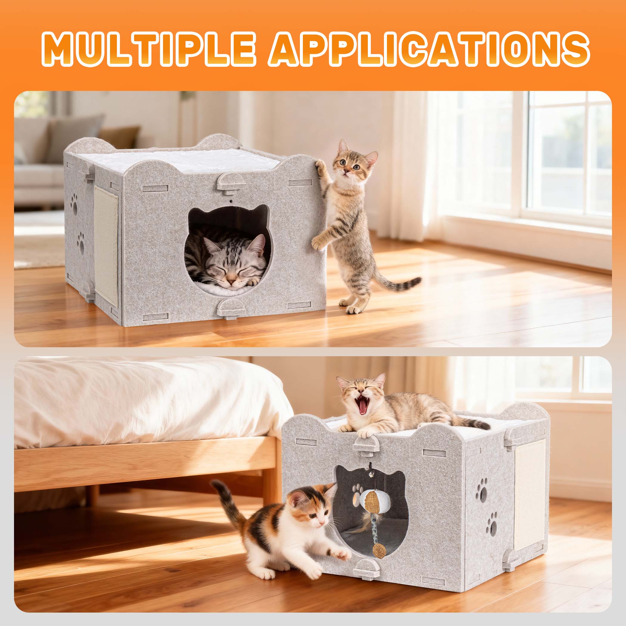 Yesday Detachable Felt Cat Bed Condo Shelter House for Indoor Use, Durable and Warm Flannel, Cozy Shelter with Built-in Scratching Board and Bonus Cat Toys-Camel - Image 5