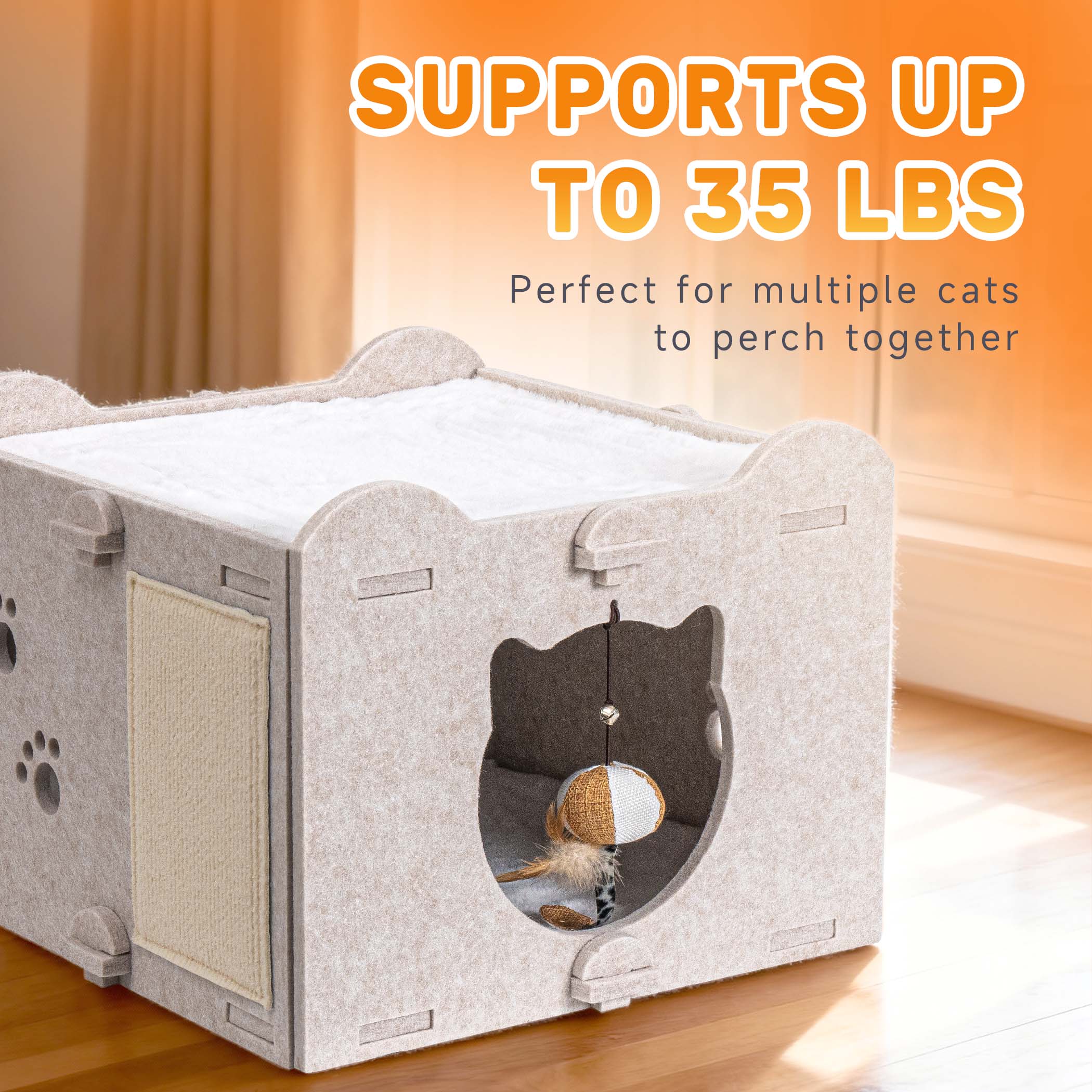 Yesday Detachable Felt Cat Bed Condo Shelter House for Indoor Use, Durable and Warm Flannel, Cozy Shelter with Built-in Scratching Board and Bonus Cat Toys-Camel - Image 6