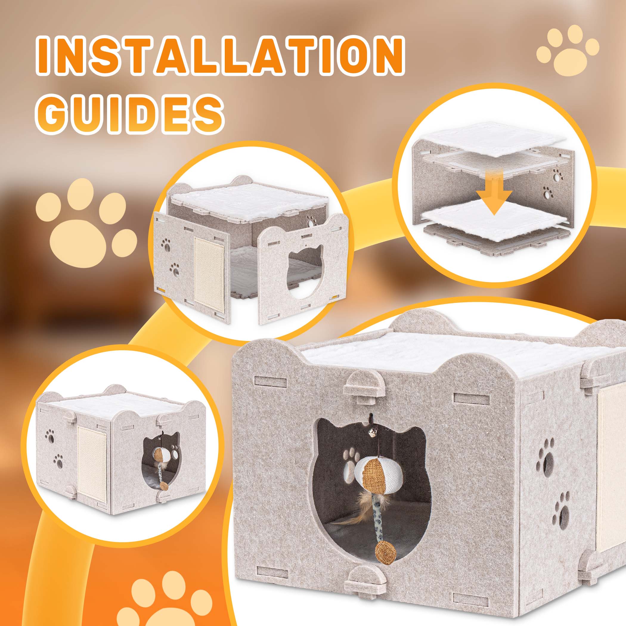 Yesday Detachable Felt Cat Bed Condo Shelter House for Indoor Use, Durable and Warm Flannel, Cozy Shelter with Built-in Scratching Board and Bonus Cat Toys-Camel - Image 7