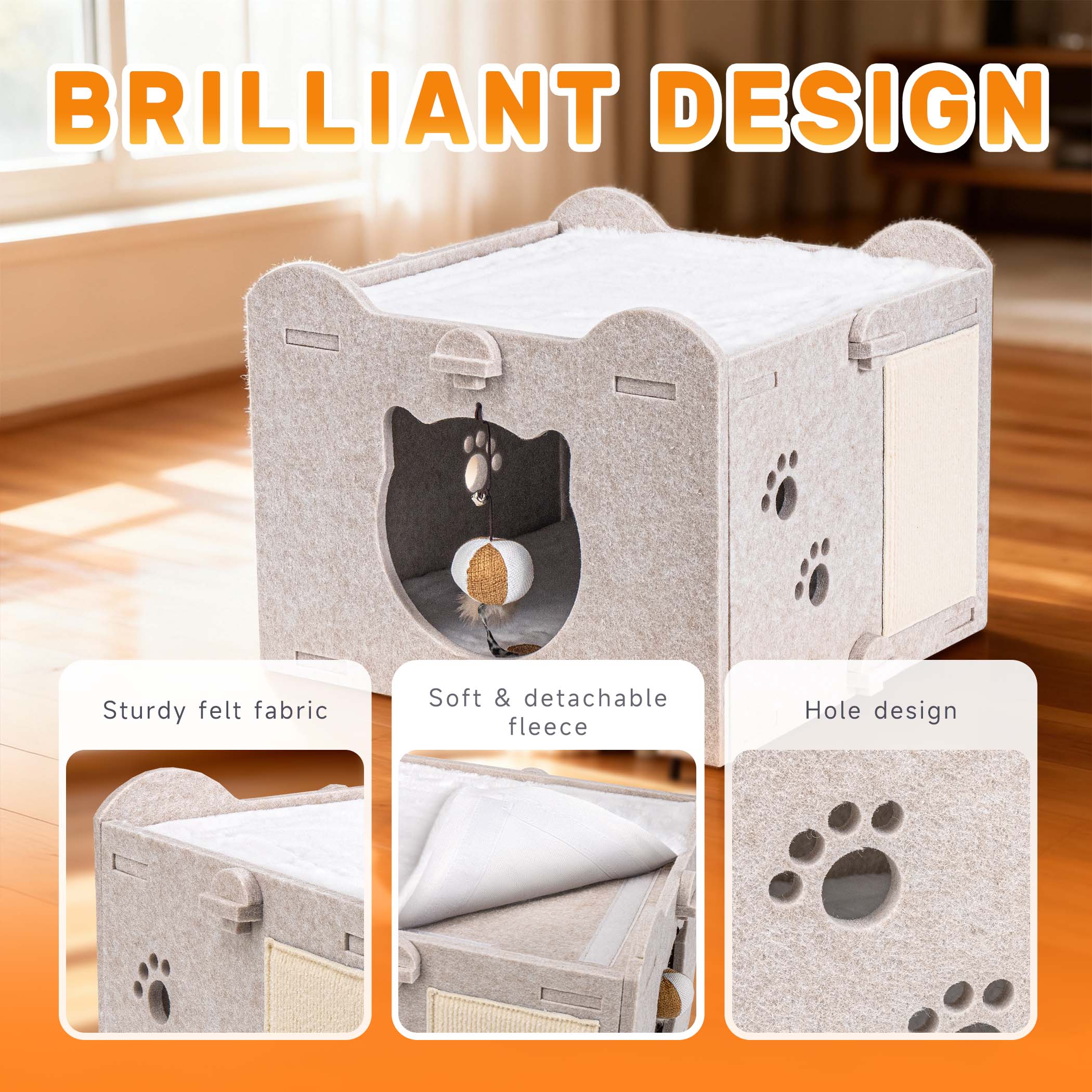 Yesday Detachable Felt Cat Bed Condo Shelter House for Indoor Use, Durable and Warm Flannel, Cozy Shelter with Built-in Scratching Board and Bonus Cat Toys-Camel - Image 8
