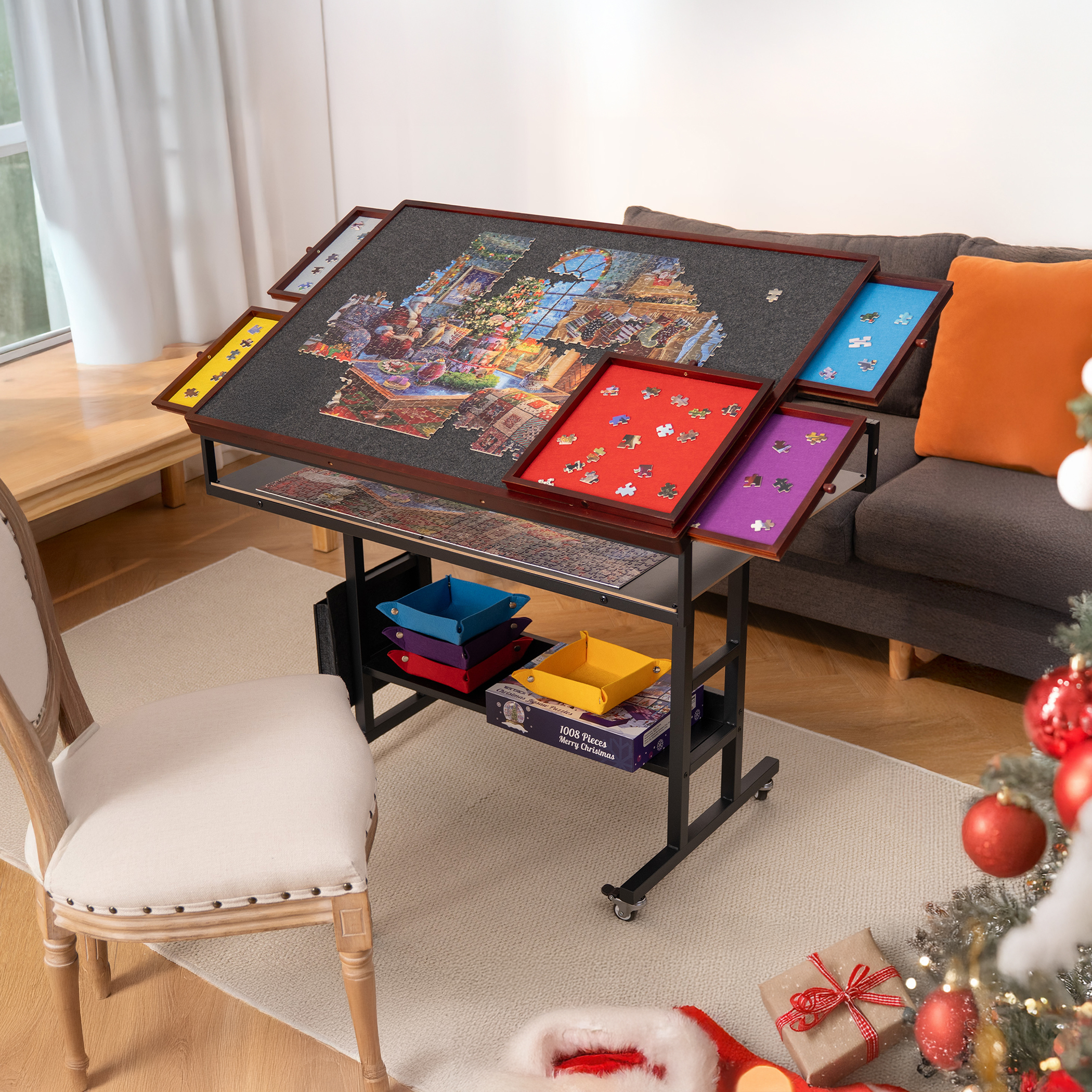 Yesday 1500 Piece Jigsaw Puzzle Table Height Adjustment, Puzzle Board with Cover & 5 Sorting Drawers,Puzzle Easel Tilting Table with Legs, Enclosed with 4 Roller Wheels - Image 9