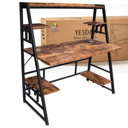 Yesday 47 inch Office Table / Desk with 4 Storage Shelves, Industrial Study Writing Table Workstation with Hutch for Home & Office - Rustic Brown